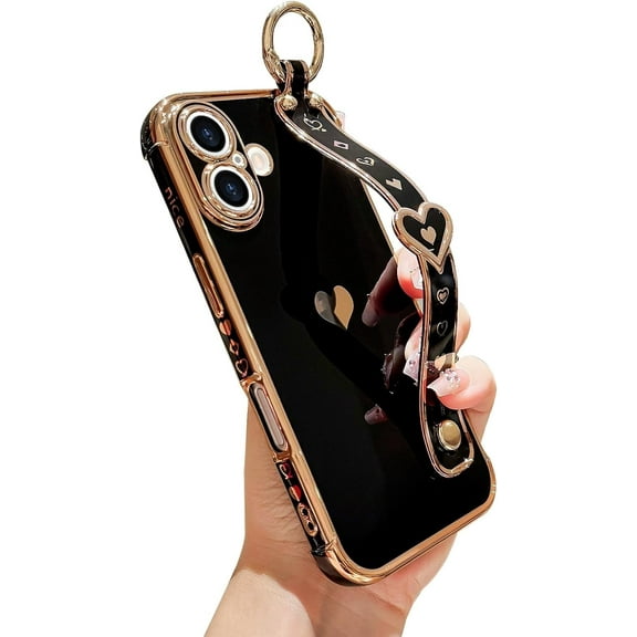 IPhone 17 Case with Strap for Women & Girls, Cute Love-Hearts Design, Wristband Kickstand, Luxury Plating Edge Protective Case (6.3")