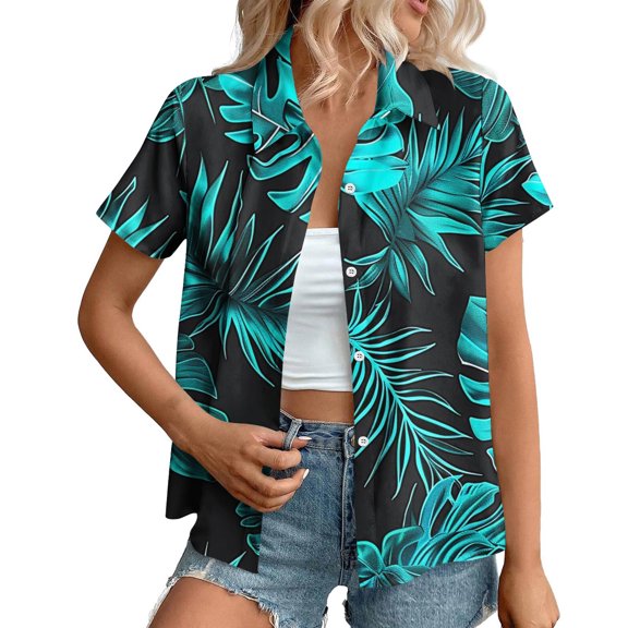 Staron Women Button Down Short Sleeve Shirt Hawaiian Print Tops Casual Loose Blouse Vacation Beach Summer Top, L
