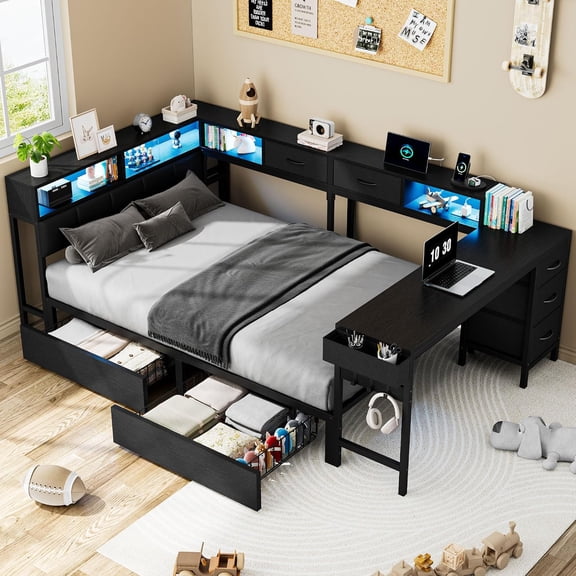 Virans Twin Corner Bed Frame with Desk, 7 Storage Drawers, Bookcase Headboard, Charging Station and Smart LED Lights, Black