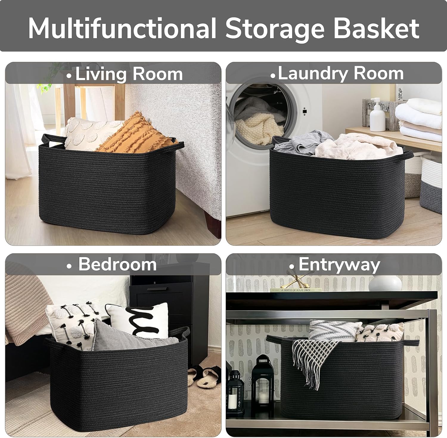PrimeCook Shop Extra Large Storage Basket, 23.6" x 15.7" x 13.8" Rectangle Cotton Rope Basket for Blankets, Pillows, Toys, Woven Dirty Clothes Baskets for Laundry, Black