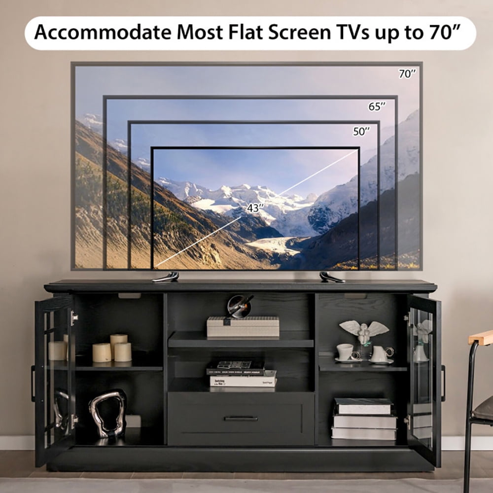 Finihen TV Stand, TV Cabinet, TV Stand for TVs up to 70 with Glass Doors Cubbies and Drawer, for Living Room, Black