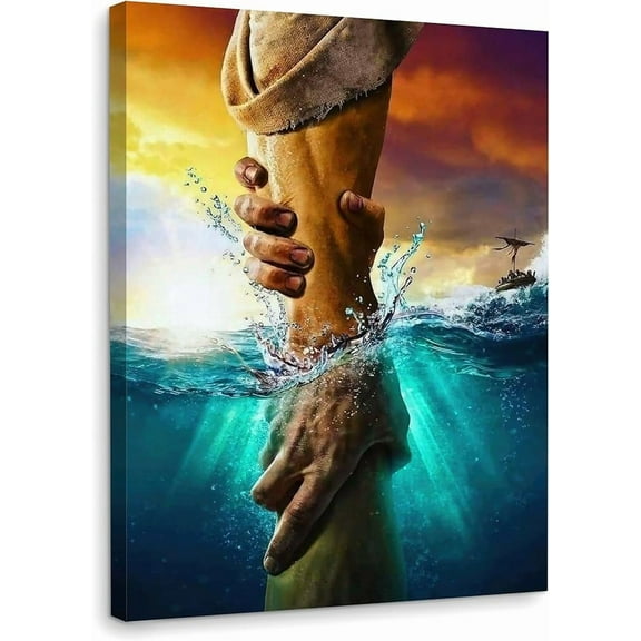 Framed Jesus Christ Canvas Wall Art The Hand of God Jesus Reaching Into Water Christian Painting Prints Biblical Wall Decor Religious Room Decor 12" x 16"