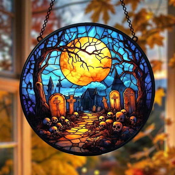 Full Moon Cemetery Stained Glass Window Hanging, Gothic Graveyard Faux Stained Glass Suncatcher, Haunted Halloween Gift, Halloween Window Decor