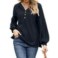 thumbnail image 3 of NFTOEIULA Women Button V Neck Lantern Sleeve Chest Pocket Side Slit Hem Hoodie, 3 of 7