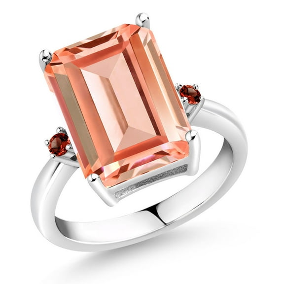 Gem Stone King 925 Sterling Silver Peach Nano Morganite and Red Garnet Ring for Women (6.40 Cttw, Emerald Cut 14x10MM, Gemstone October Birthstone, Size 6)
