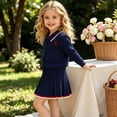 thumbnail image 4 of Toddler Girls Outfit 1-8 Years, Preppy Style Knit Cardigan Sweater and Pleated Skirt 2 Piece Set Collared Button Down School Uniform Outfit for Kids Blue, 4 of 5
