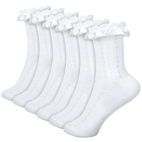 TELOLY 6 Pack White Women'S Ruffle Socks, Cute Lace Socks, Comfortable Turn-Cuff Frilly Socks, Breathable Crew Socks for Women Girl, Us Size 4.5-7