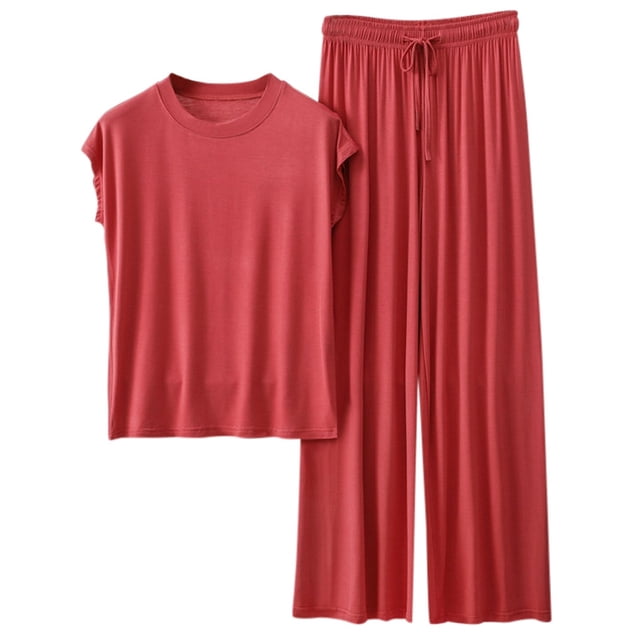 Women Homewear Solid Color Loose Pajamas Short Sleeve T Shirt Drawstring Wide Leg Pants Sleepwear 2 Piece Set