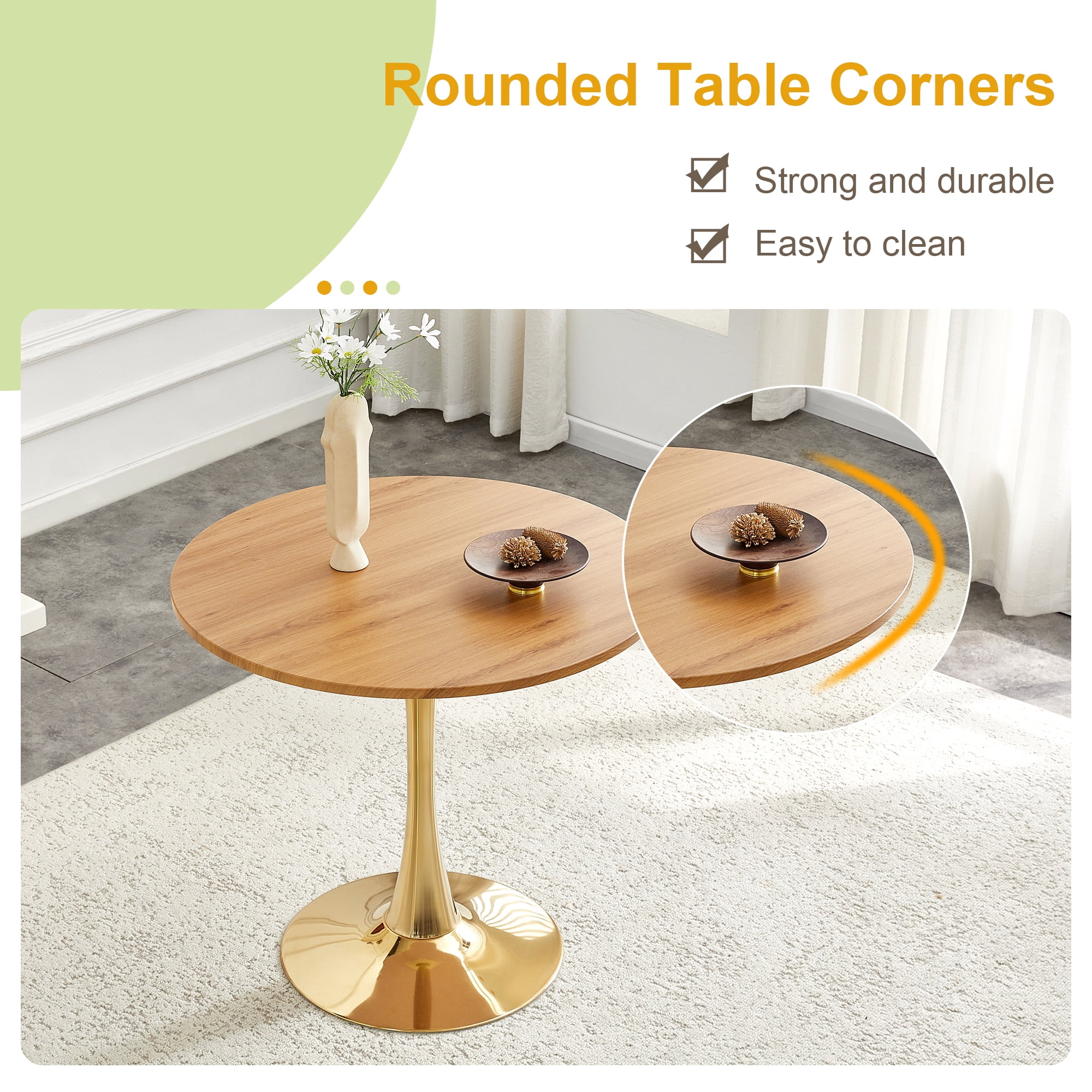 Miniyam 31.5" Round Kitchen Dining Table for 2–4 People, Small Space Pedestal Tulip Table with Engineered Wood Top, Oak&Gold