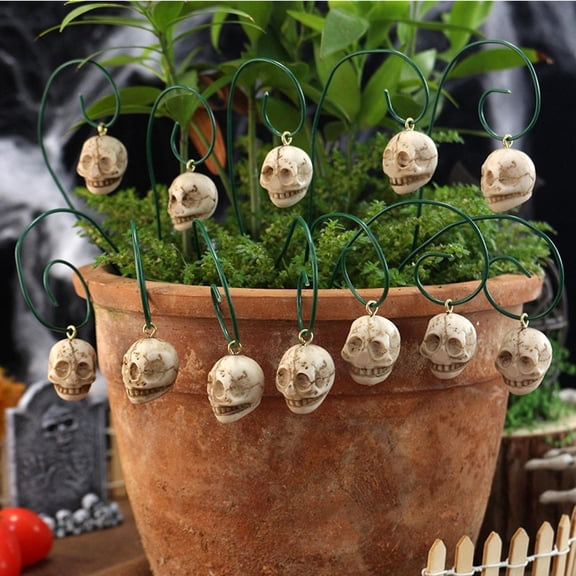 MInHoues 12 Pack Twisted Metal Skull Garden Stakes,6.8 Inch Mini Resin Skeleton Figurine Plant Pick Ornaments for Flower Pot Yard Outdoor Halloween Decor Gifts