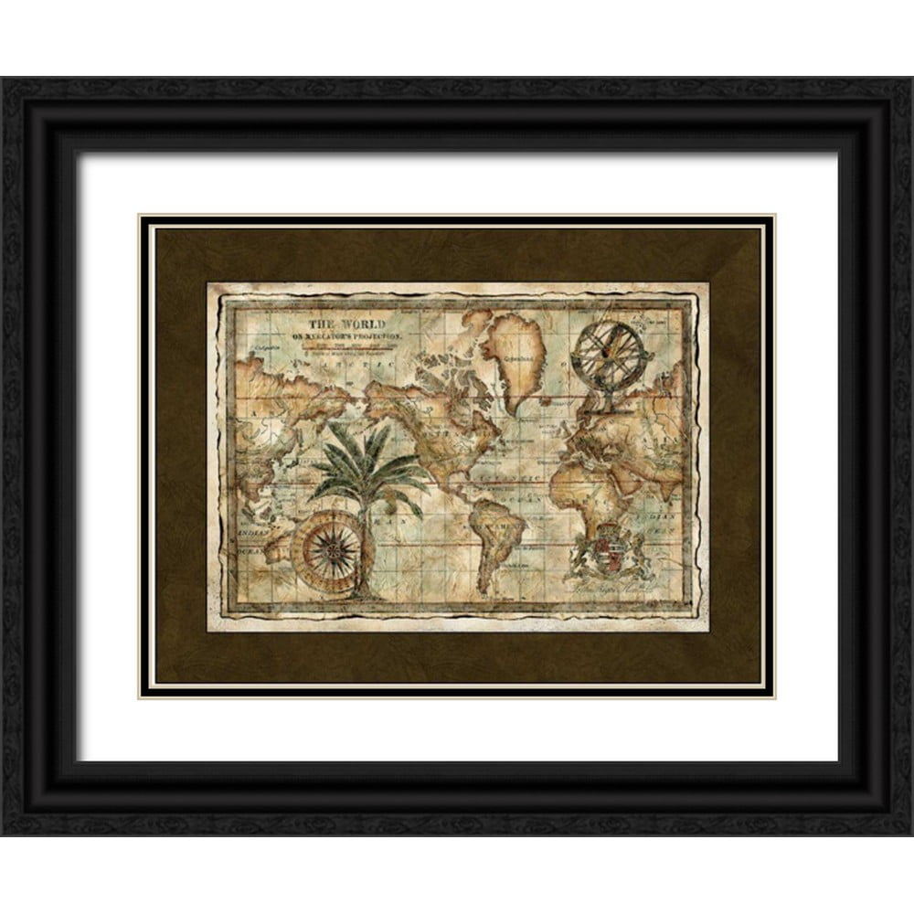 Unknown 32x25 Black Ornate Wood Framed with Double Matting Museum Art Print Titled - World Map with Globe