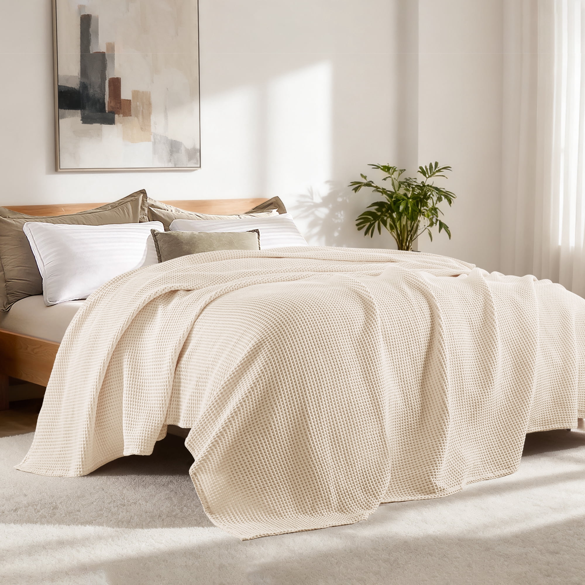 Exclusivo Mezcla 100% Cotton Waffle Blanket Queen Size for Bed, Lightweight and Breathable Gauze Muslin Blanket for Summer, Moisture-Wicking, Home Decor, 90"x90", Beige