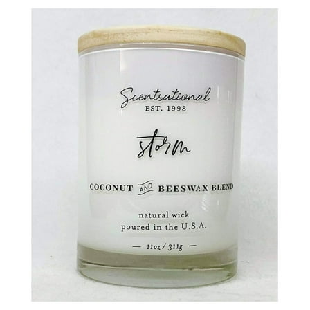 Natural Coconut   Beeswax Scented Candle Storm (in Cursive) in Glossy White Jar with Wooden Lid, 11 Oz.