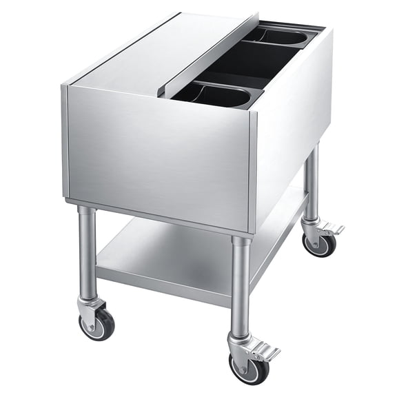 KFFKFF Commercial Ice Bin, 65.1 Qt Capacity, 24 x 19 x 35 Inch Stainless Steel Ice Chest with Sliding Lid and Bottle Holders, Cooler Cart Cocktail Unit for Bar, Restaurant, or Pub, NSF Certified