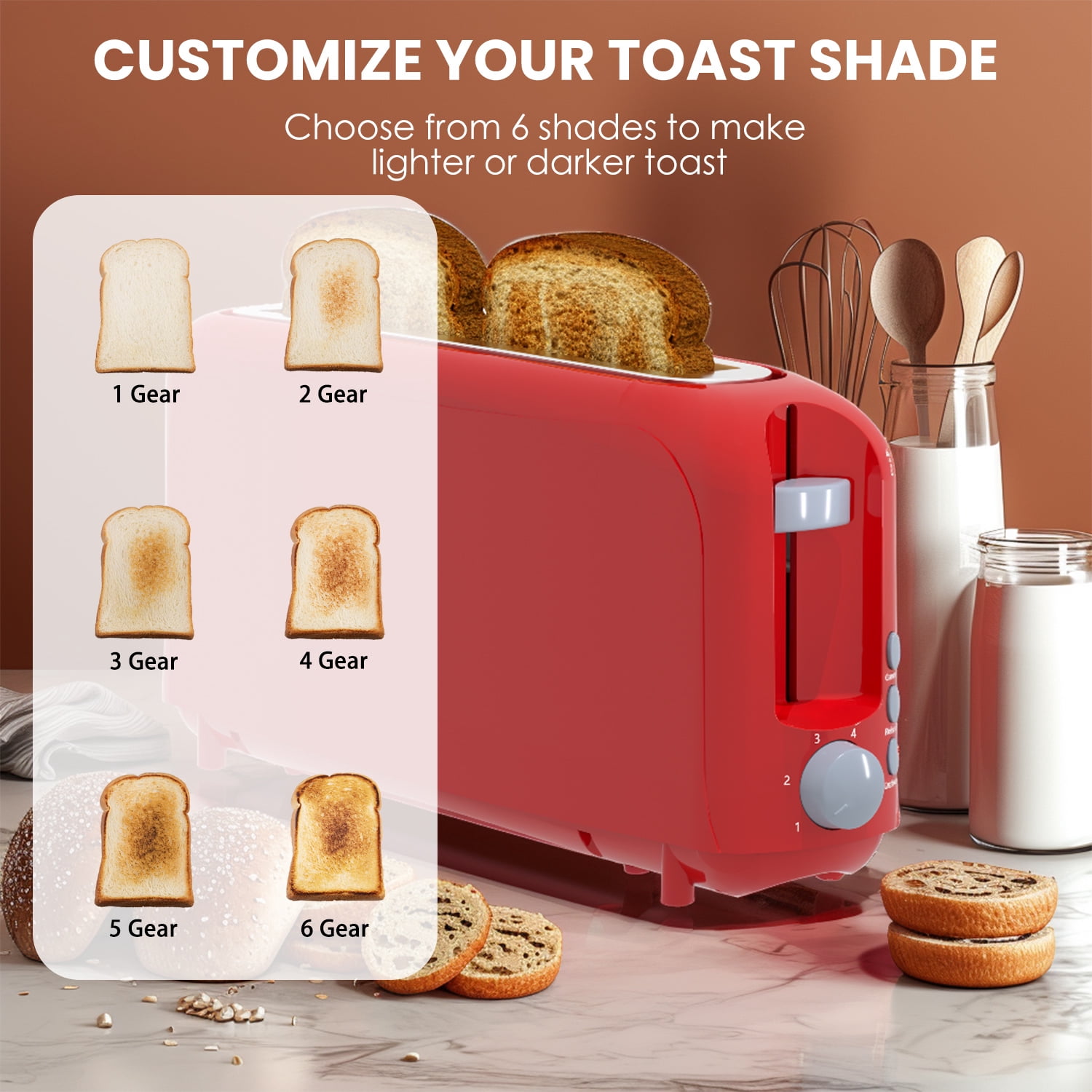 Slim 2-Slice Toaster, 10" Long Slot,6 Shade Settings with Cancel, Reheat & Defrost, Auto Shut off, Removable Crumb Tray，Red
