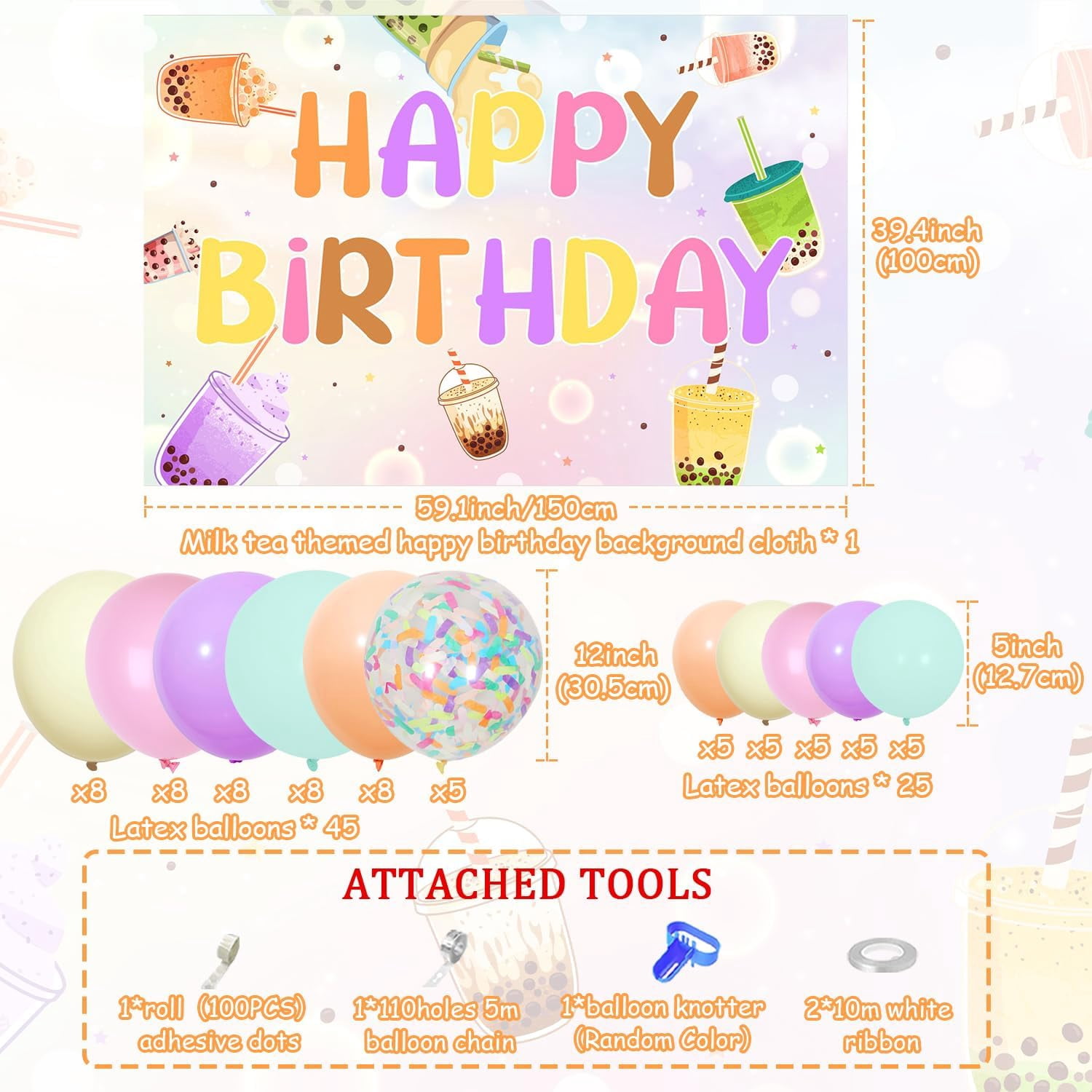 Boba Tea Birthday Party Decorations Milk Tea Happy Birthday Backdrop Macaron Rainbow Balloon Garland Arch Kit for Boys Girls Birthday Party Decor Supplies