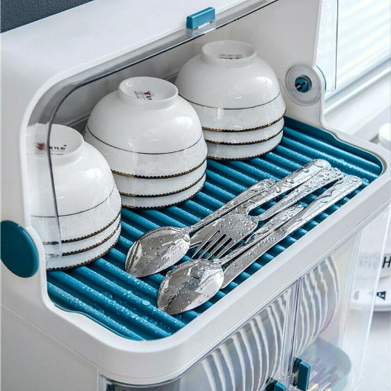 2 Tier Plastic Kitchen Dish Drying Rack with Lid Cover - On Sale