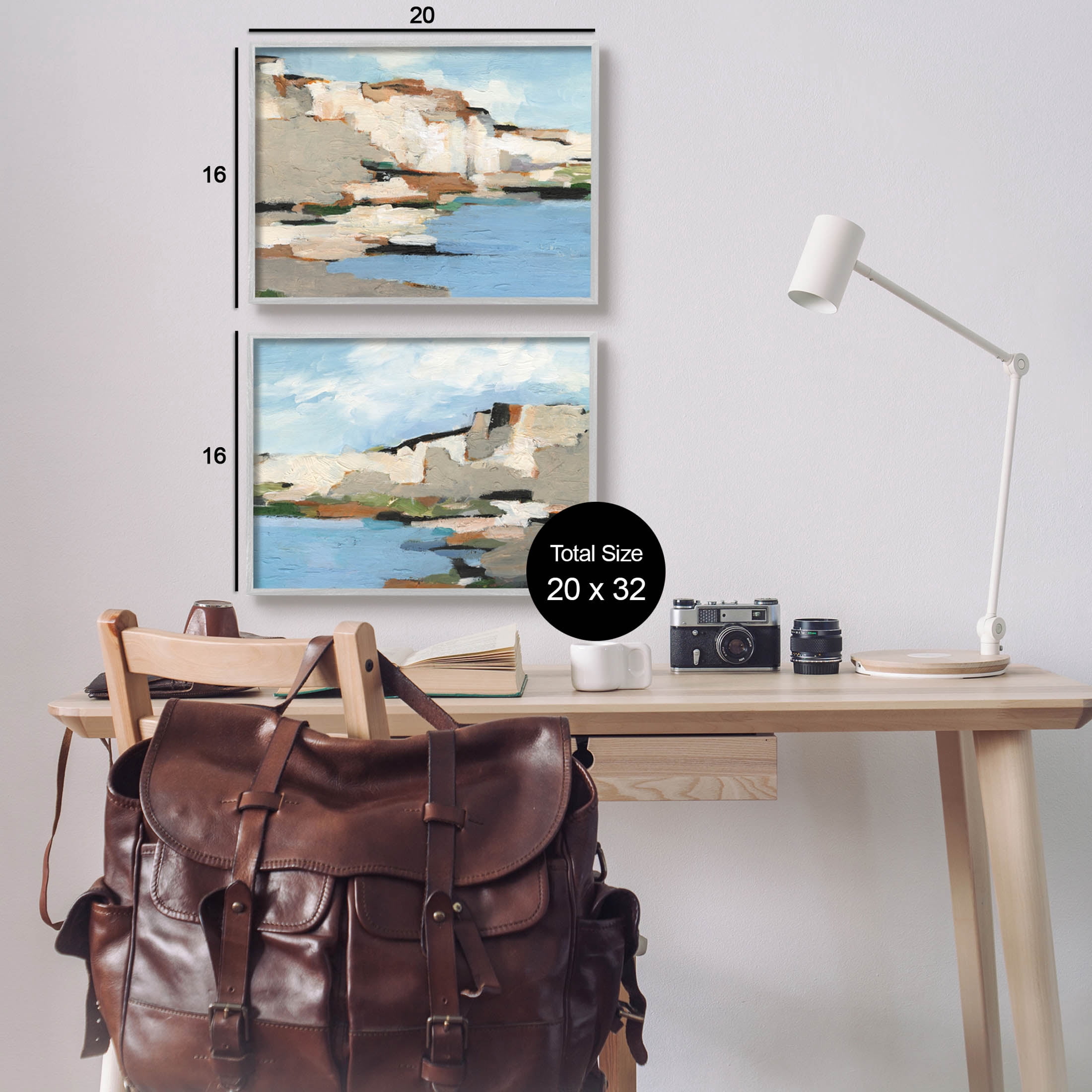 Seaside Cliff Modern Landscape Landscape Painting Gray Framed Art Print Wall Art, Set of 2