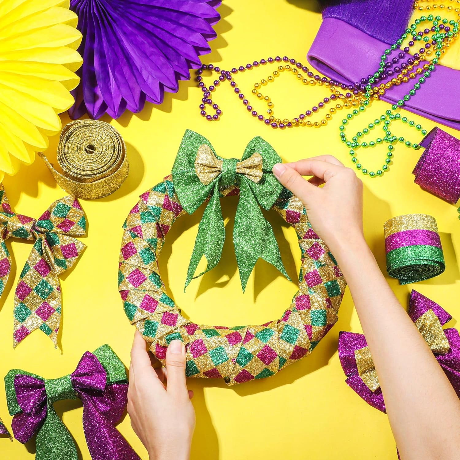 6 Rolls 30 Yards Mardi Gras Wired Edge Ribbon Purple Gold and Green Stripe Glitter Metallic Wrapping Ribbon for Mardi Gras Masquerade Party Decoration(Classic Pattern)
