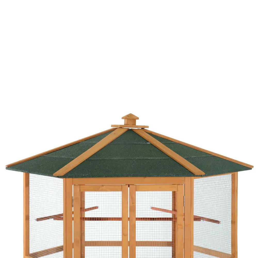 Spaco 69" Wooden Hexagonal Outdoor Aviary Flight Bird Cage With Covered Roof, Bird Cage, Brown