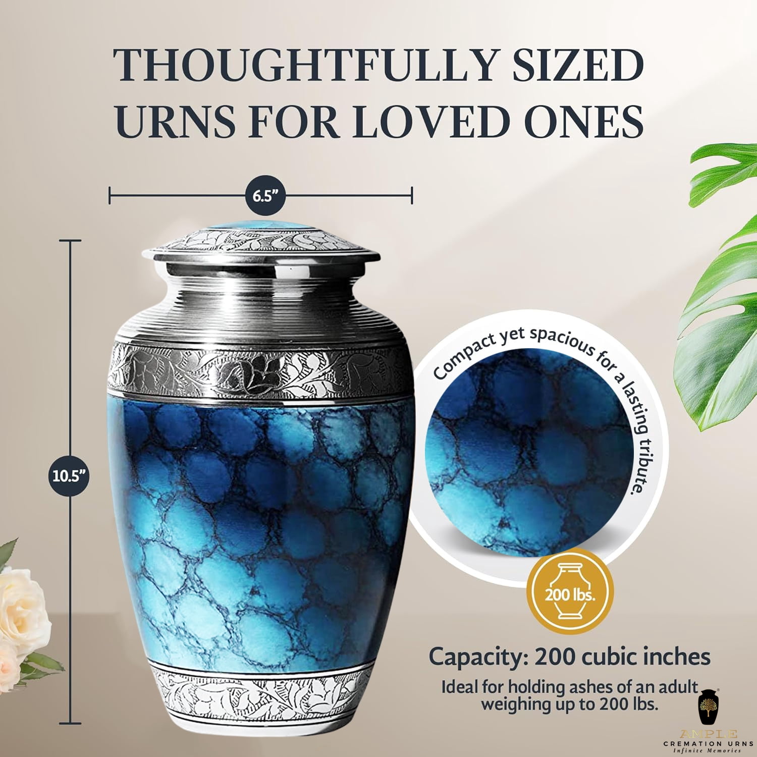 Blue Urn Handmade Aluminium Cremation Urn 10 Inch Memorial Urn for Human Ashes, Decorative urn Delivery in 2 days