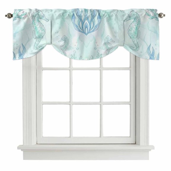 Tie Up Valances for Windows, Teal Blue Seahorse Coastal Adjustable Valance Curtains Window Treatment for Living Room, Beach Watercolor Sea Ocean Nautical Rod Pocket Kitchen Curtains 42x18 Inch