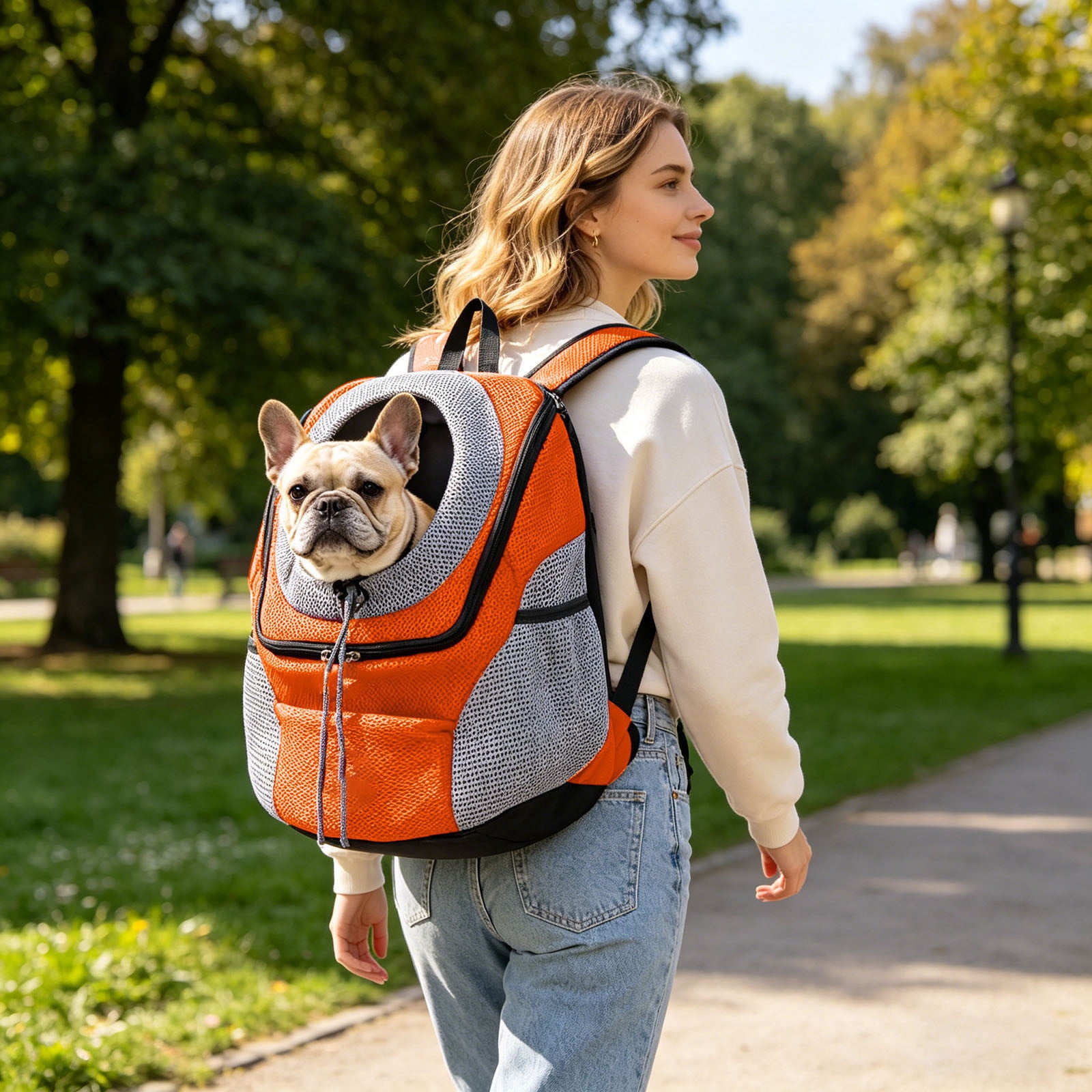 Breathable Pet Carrier Backpack, Head-Out Design Adjustable Dog Cat Backpack with Safety Belt, Mesh Ventilated Travel Backpack with Side Storage Pockets for Small Dogs Cats Outdoor Hiking(Orange,L)