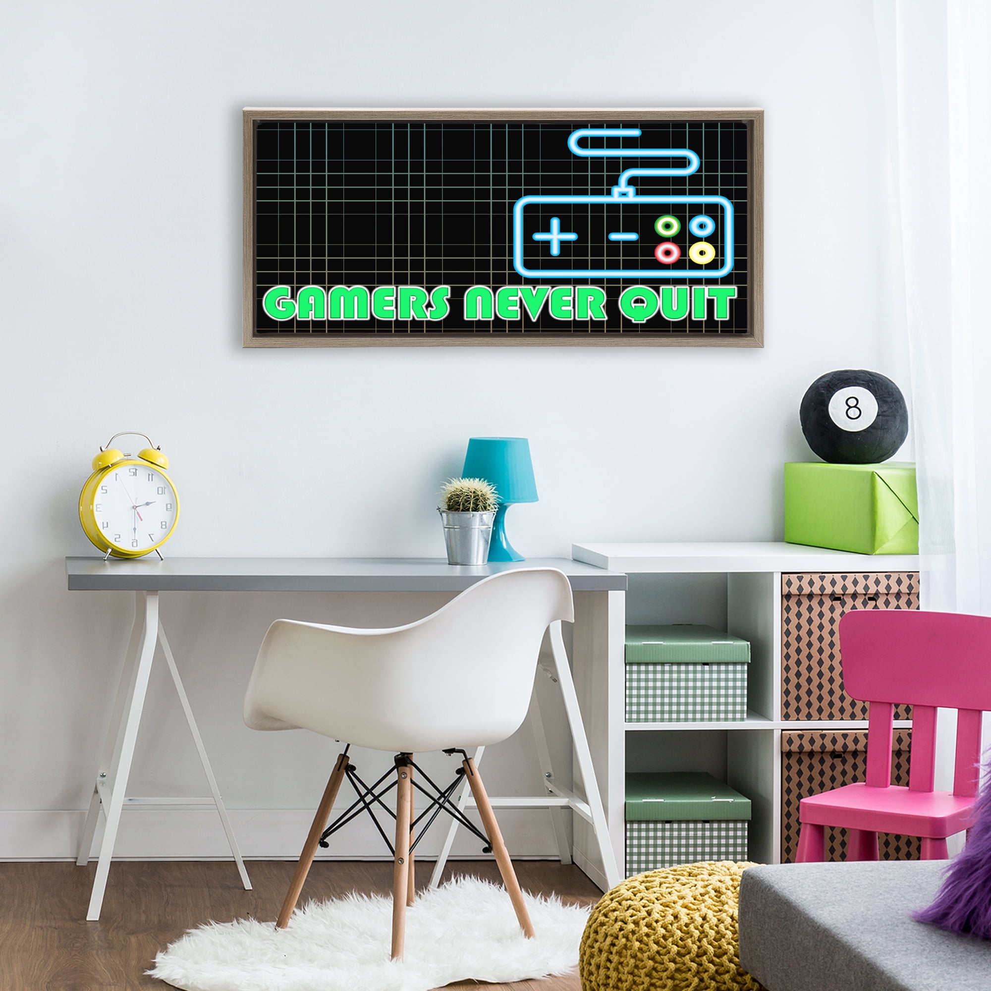 Stupell Industries Gamers Never Quit Neon Brown Framed Floater Canvas Wall Art, design by Kim Allen