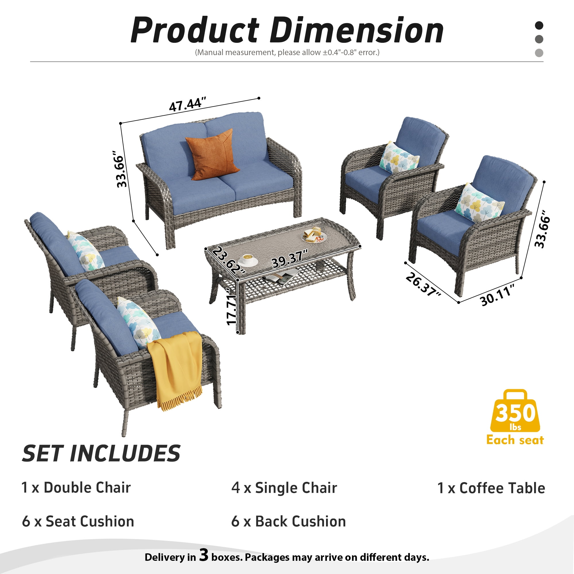 Toject 6 Pieces Patio Furniture Set, Wicker Outside Furniture with Loveseat Table Chairs Set for Porch, All-Weather High Back Outdoor Conversation Set for Backyard, Denim Blue