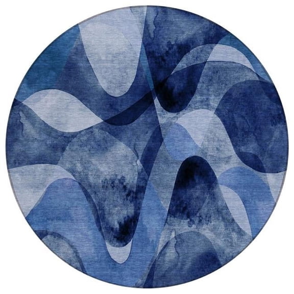 HomeRoots 561602 8 ft. Round Navy Blue Round Abstract Washable Non Skid Indoor Outdoor Machine Woven Area Rug