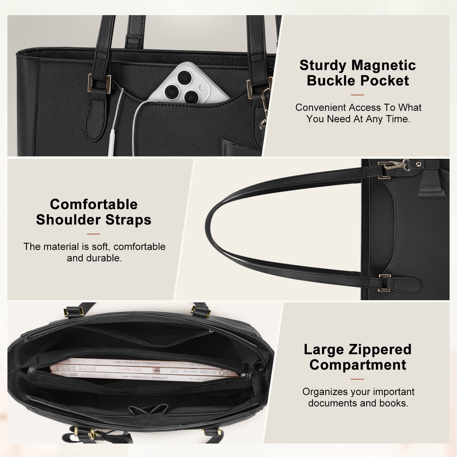 RAINSMORE Laptop Bag for Women 14 Inch Leather Work Tote Bag Professional Briefcase for Office Teacher College Computer Bag,Black