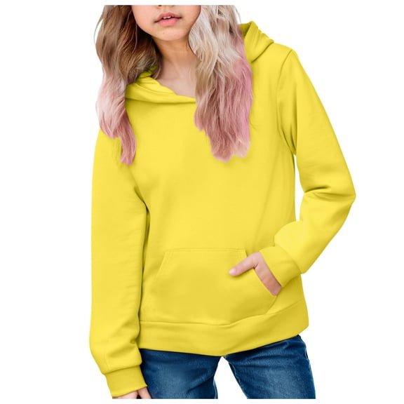BOBOGOJP Sweatshirts for Teen Girls Long Sleeve Black Hoodie Solid Color Cute Drawstring Preppy Pullover Kids 10-12 Graphic Hoodie Yellow for Size 9-10 Years