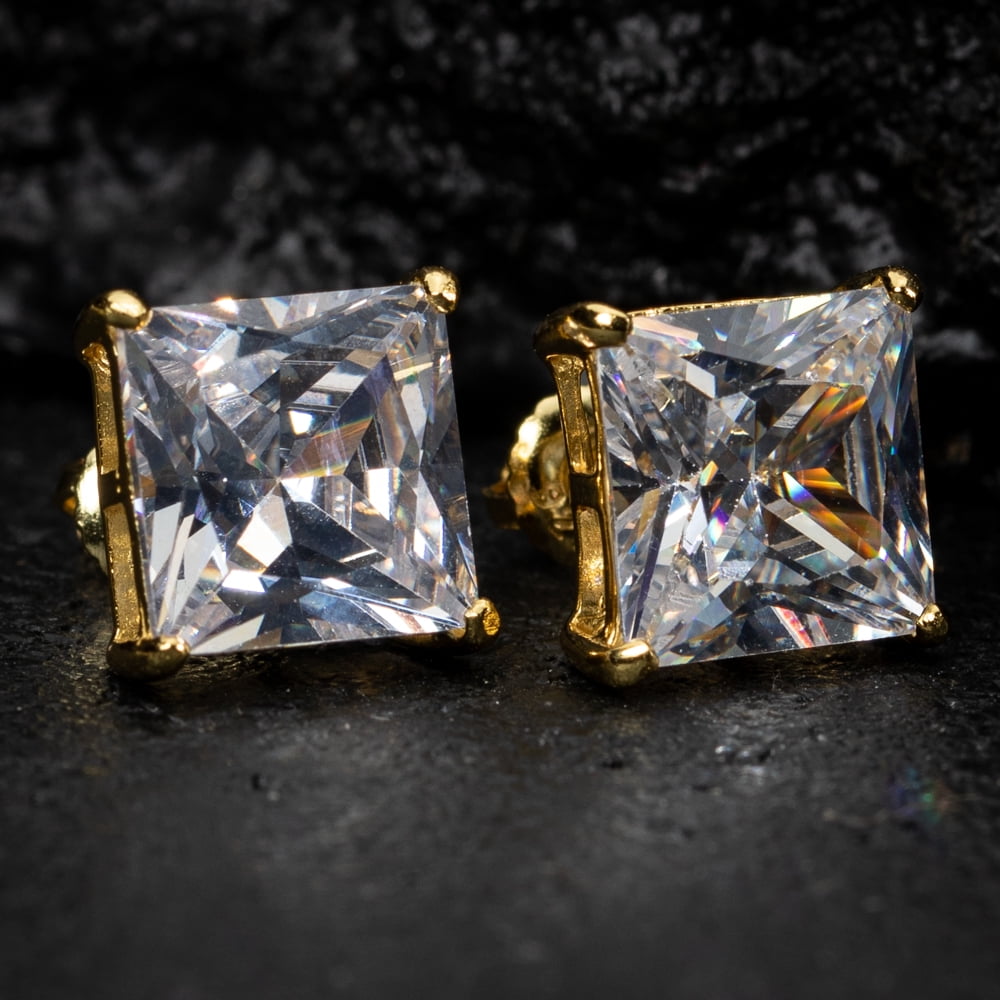 Large Yellow Gold 925 Sterling Silver Unisex Square Princess Cut Stud Screw Back Earrings