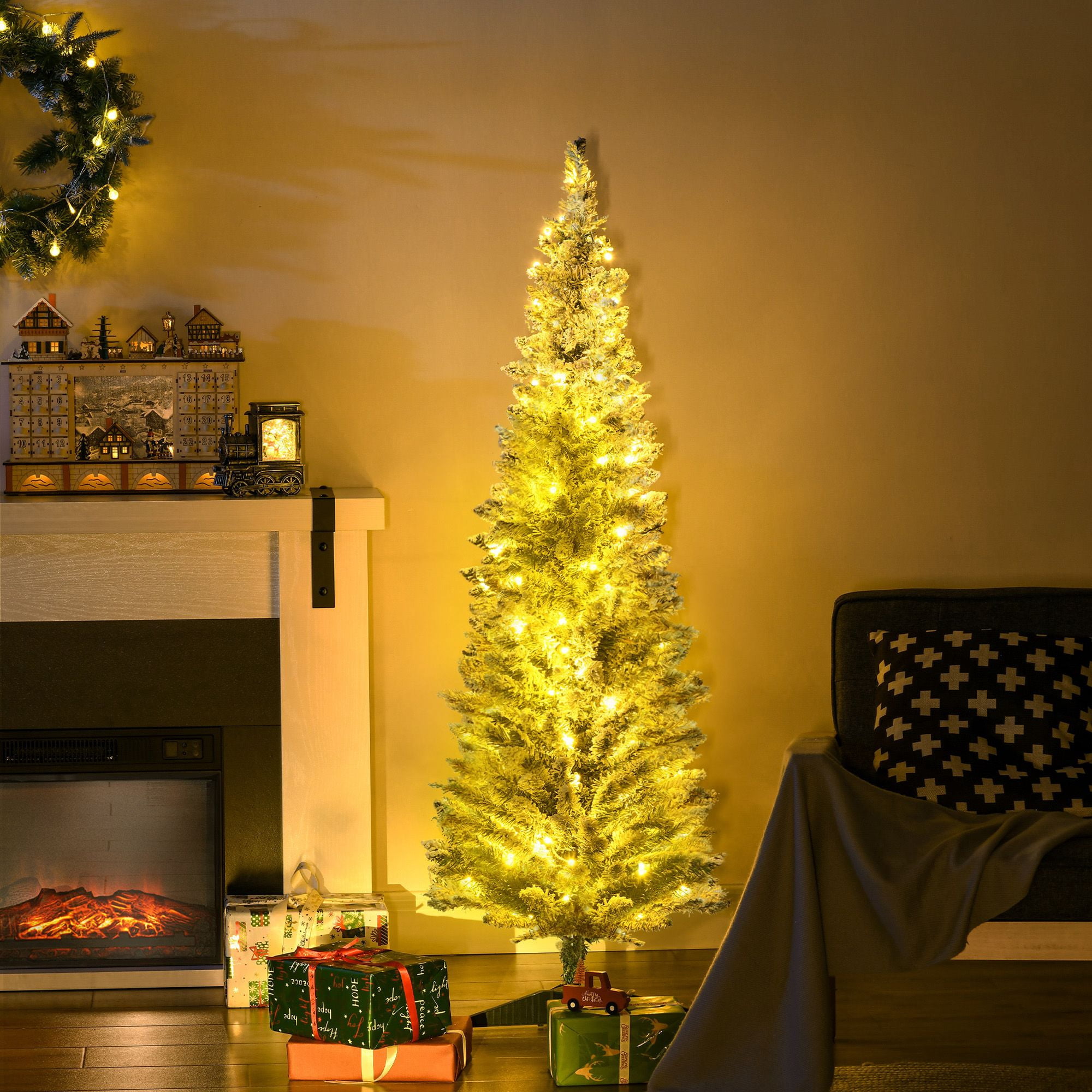Pencil Christmas Tree, 5 ft Slim Artificial Tree with Warm White LED Lights, 294 Tips, Flame Retardant Branches, Indoor Holiday Decor