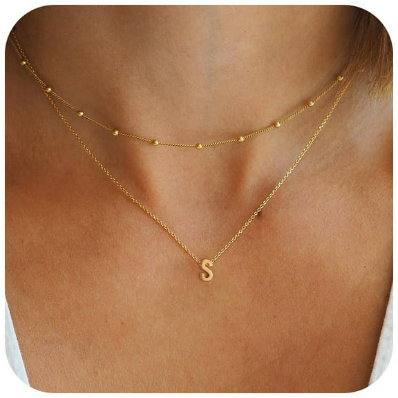 1pc style Stainless Steel Double Layer Initial Necklaces Golden Letter S 15.75~19.69 inch(40~50cm)
