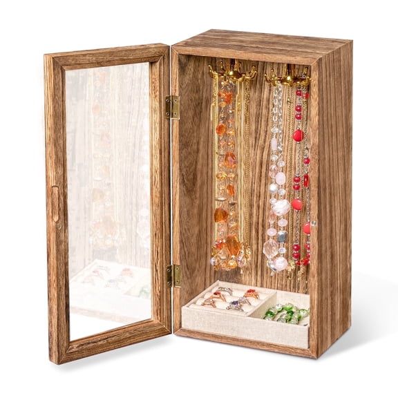 SINGLBA Necklace Holder Organizer, Wooden Jewelry Box for Women Girls, Rotatable Jewelry Organizer Case with Ring Tray