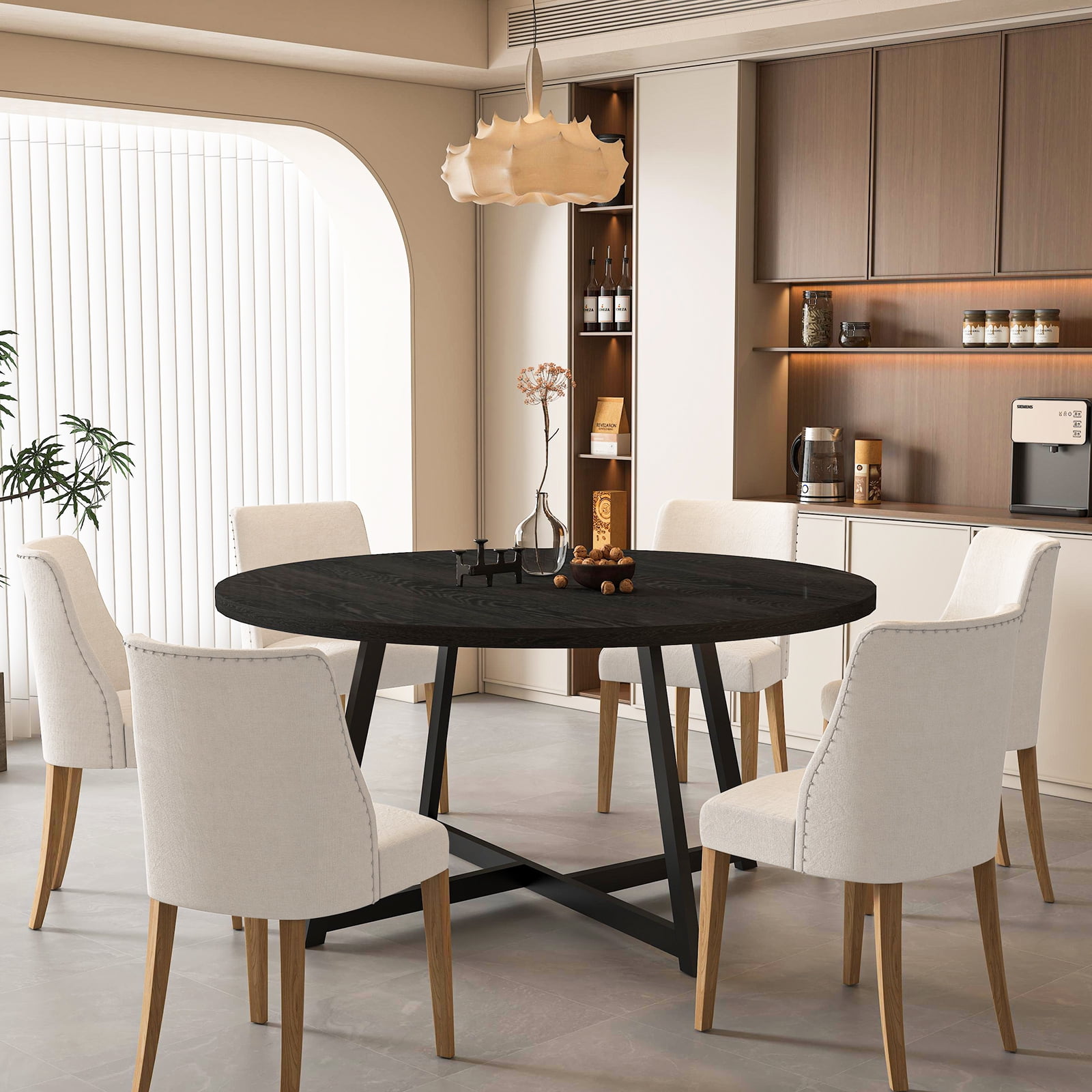 JassmiPkwy Round Dining Table for 4-8 People,Kitchen Dining Room Circle Dinner Pedestal Table,Space Saving Wood Kitchen & Dining Room Furniture (Black, 59In)