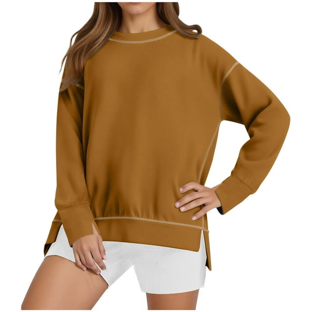 HAiming Womens Long Sleeve Oversize Sweatshirt Casual Crewneck Pullover Color Block Side Split Tops