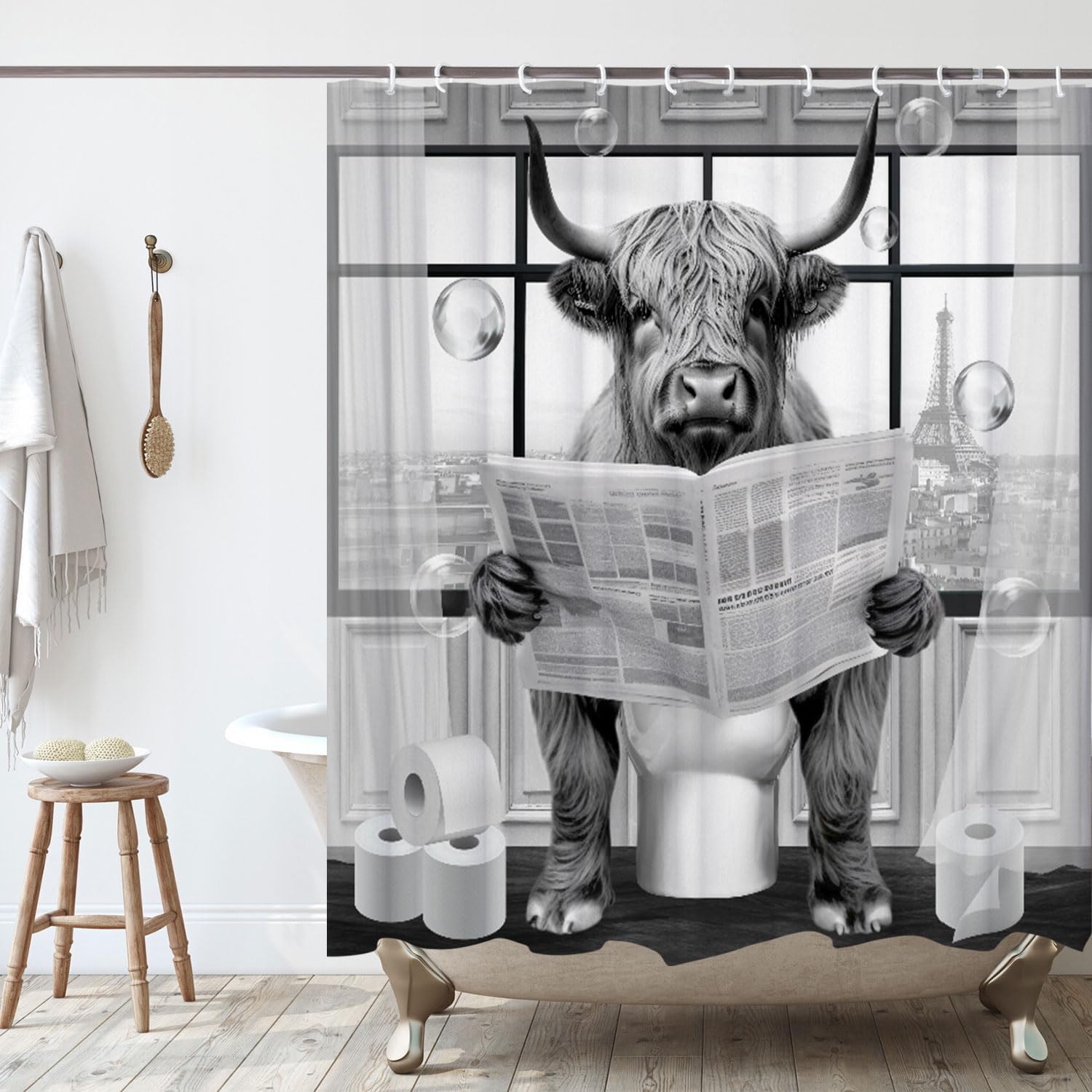 Funny Highland Cattle Cow Bull Shower Curtain, Black and White Cattle Reading Newspaper on Toilet Shower Curtains Set, Humor Western West Farmhouse Shower Curtains with Hooks 36x72inch