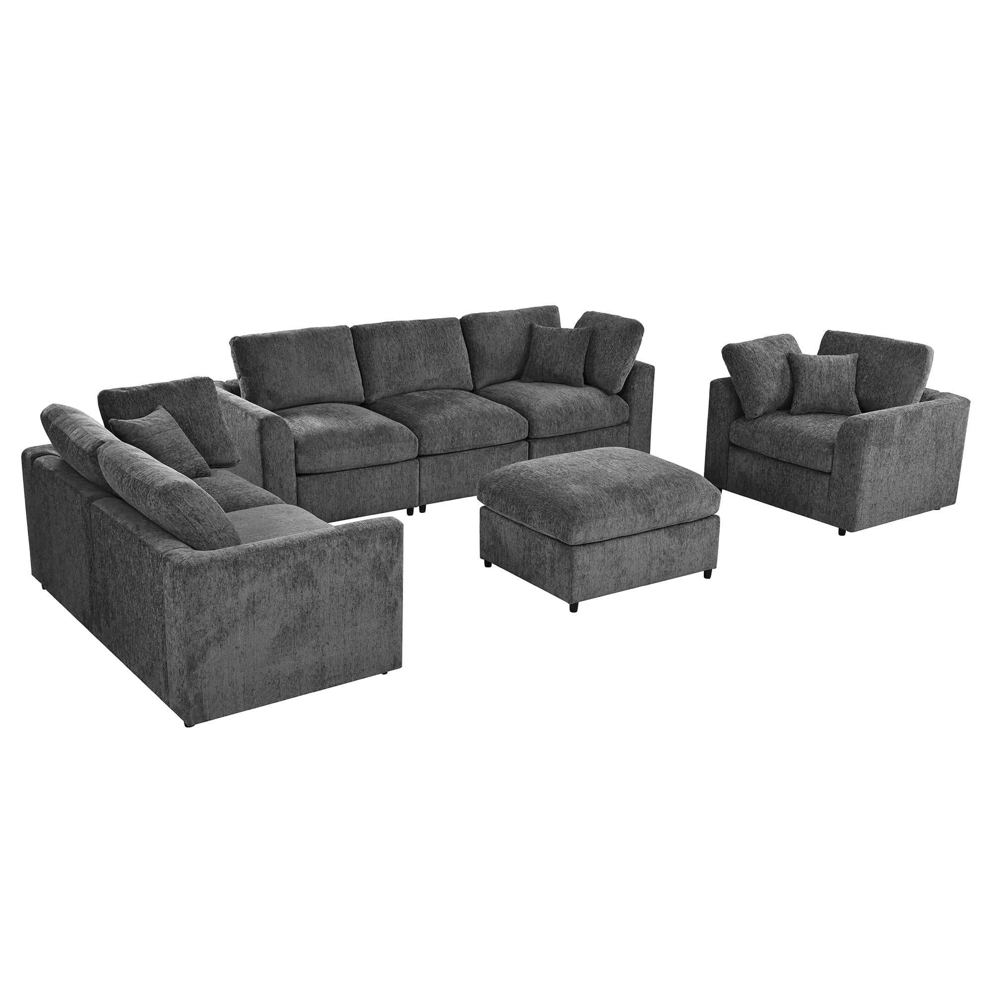 Howcool 4-Piece Modular Sectional Sofa Set,3-Seater Sofa + Loveseat + Accent Chair + Movable Ottoman,Soft Chenille Deep Seat Sofa Couch with Solid Wood Frame for Living Room,Gray