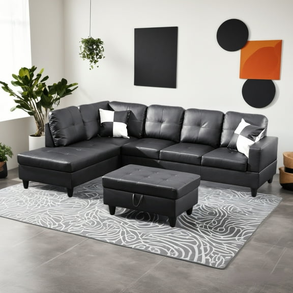 Sectional Couch for Living Room Furniture Sets, Black Faux Leather Sofa Couch L Shape Couch Living Room Sofa with with Chaise and Storage Ottoman 3 Piece Using(Black,Facing Left Chaise)