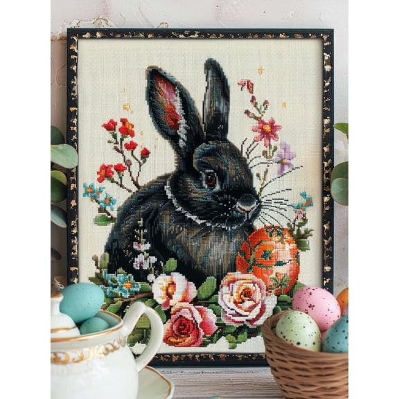 Black Rabbit Flowers Easter Eggs DIY 11CT Stamped Cross Stitch Kits for Beginners Easy Needlepoint Embroidery Counted Cross Stitch Art Craft for Wall Decoration 12x16inch(2)