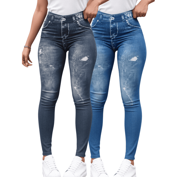 SET DE 2 LEGGING GRUESO DE MUJER AZUL Y NEGRO DISEÑO MEZCLILLA UNITALLA