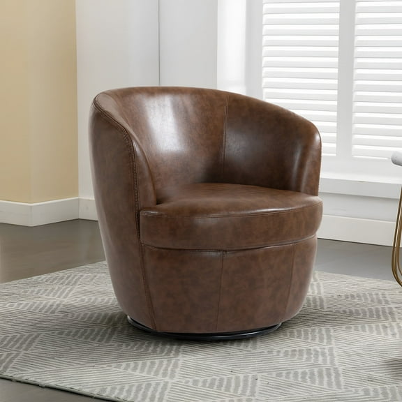 DREAMSIDEA Swivel Club Barrel Chair, PU Leather Swivel Accent Chair Upholstered Barrel Armchair for Living Room Modern Round Club Chair High Back- Coffee