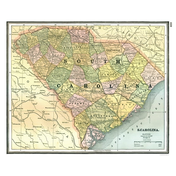 Historic State Map - South Carolina - Johnson 1888 - Vintage Wall Art
