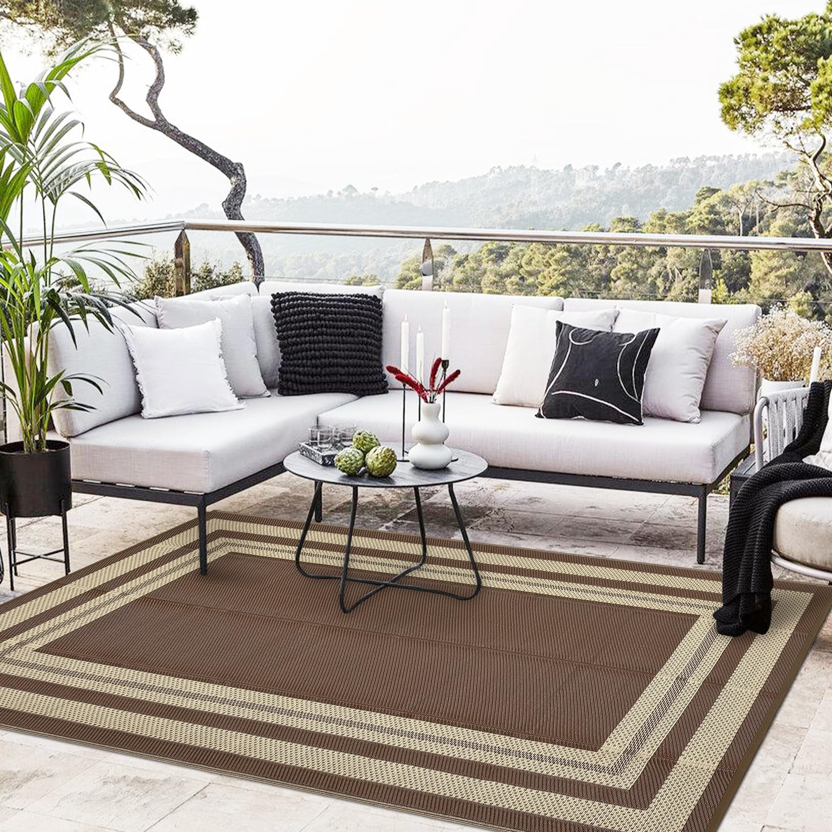 Outdoor Plastic Straw Rug 8x10 Reversible Patio Rug Outdoor Rugs Waterproof Camping Rugs Portable Outside Floor Mat for RV Porch Balcony Patio Camping Picnic Beach Coffee/Beige Panel