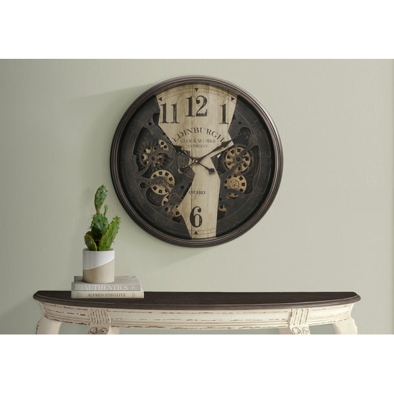 Wall Clocks Clocks, 30" Round, Wall Clock, Gear Mechanism, Brown, Transitional,Table Clocks