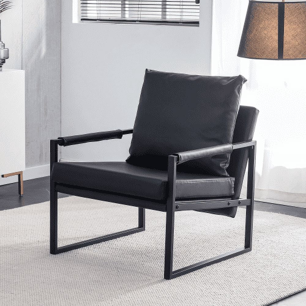 BSHTI PU Leather Accent Arm Chair Mid Century Upholstered Armchair with Metal Frame Extra-Thick Padded Backrest and Seat Cushion Sofa Chairs for Living Room(Black PU Leather+Metal Frame+Foam)