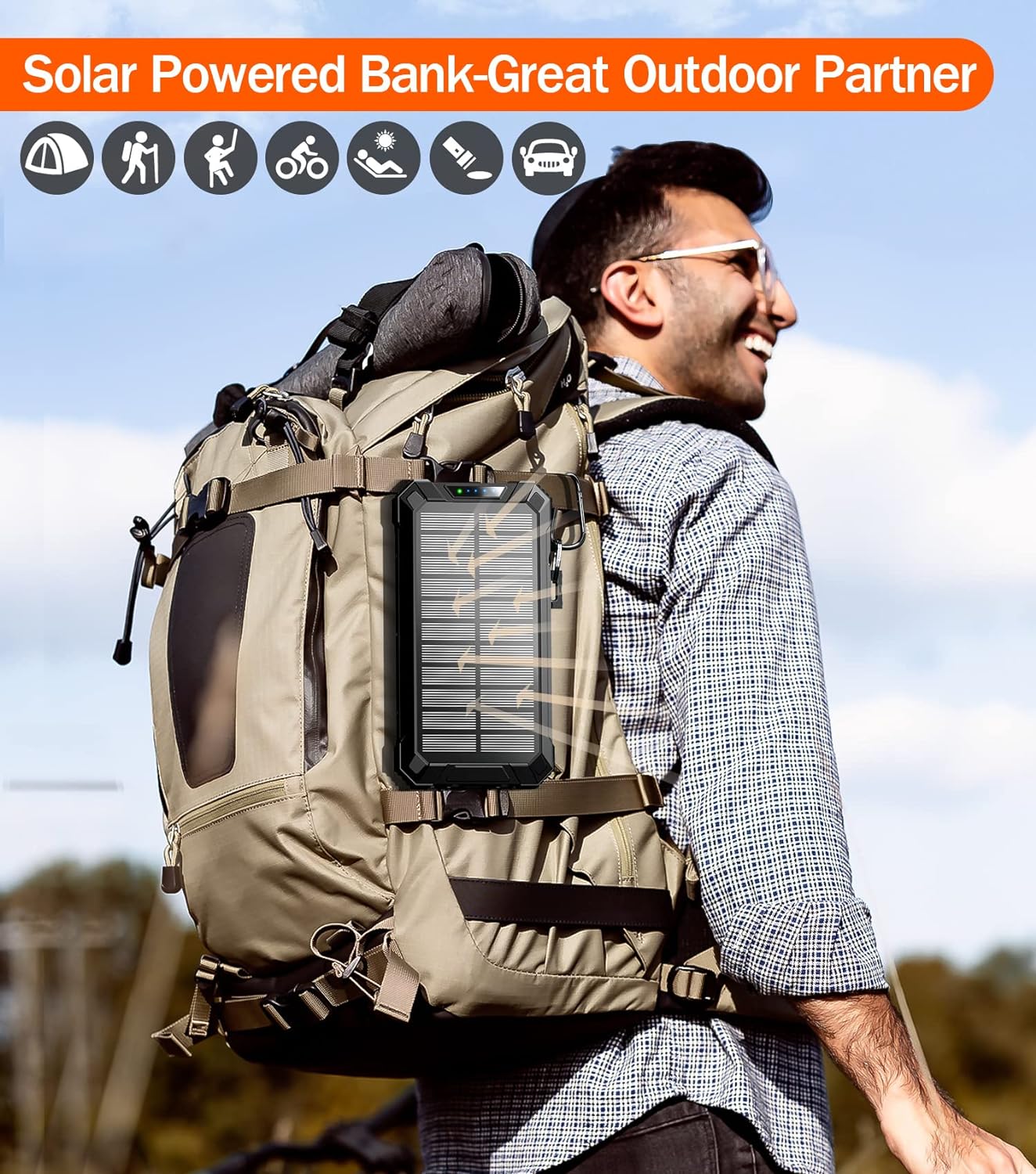 36000mAh Solar Power Bank, 15W Fast Charging, Wireless, 4 Built-in Cables, 6 Outputs, Dual Flashlights, and Carabiner – Compatible with All Mobile Devices