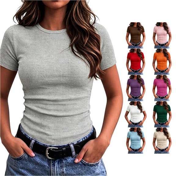 Lady's Round Neck Ribbed Knitted Fitted Formal Casual Basic T Shirt Soft Long Sleeve Tee Shirts for Women Casual Short Sleeve Tee Shirts Women Loose Fit Casual Women T Shirt Women Tees And